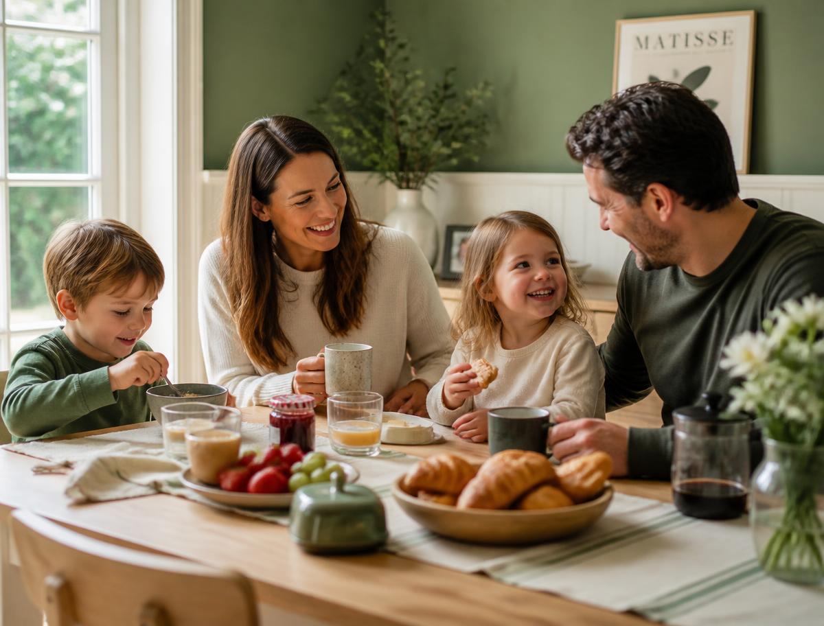 A family with two children around a breakfast table
